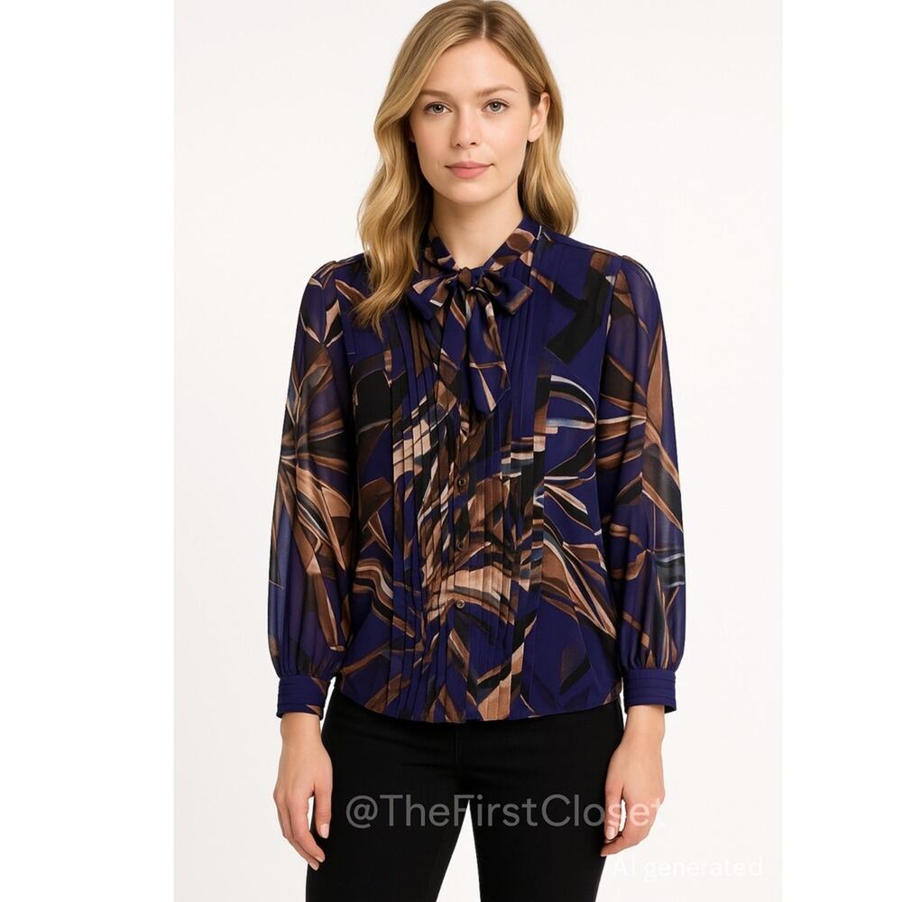 Jennifer Lopez Sheer Geometric Print Pleated Tie Neck Blouse Top Women L